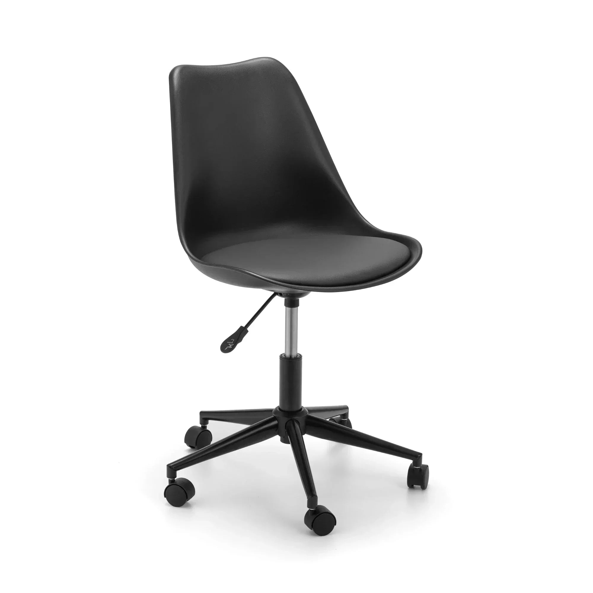 Black office chair with curved plastic seat, five-wheel base, and adjustable height lever