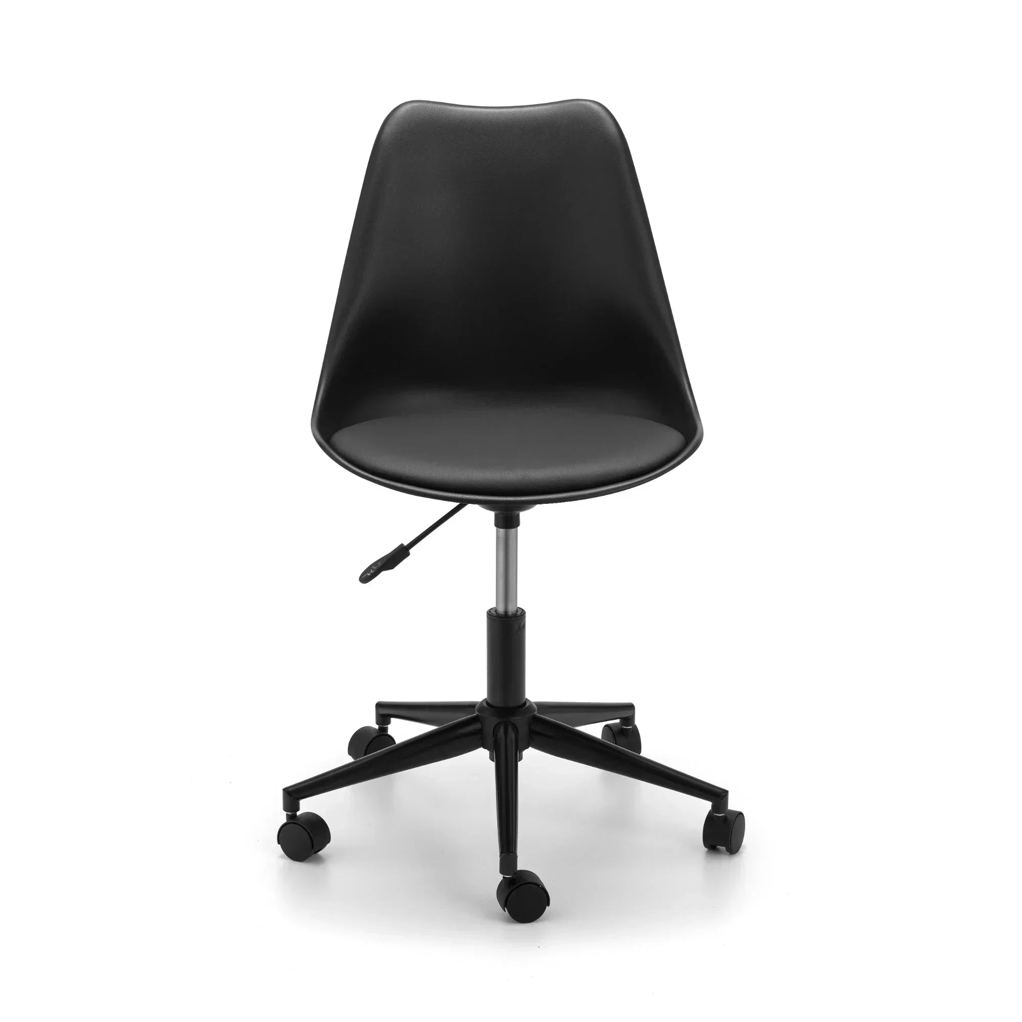 Black office chair with armless seat, height adjustment lever and five-star caster base