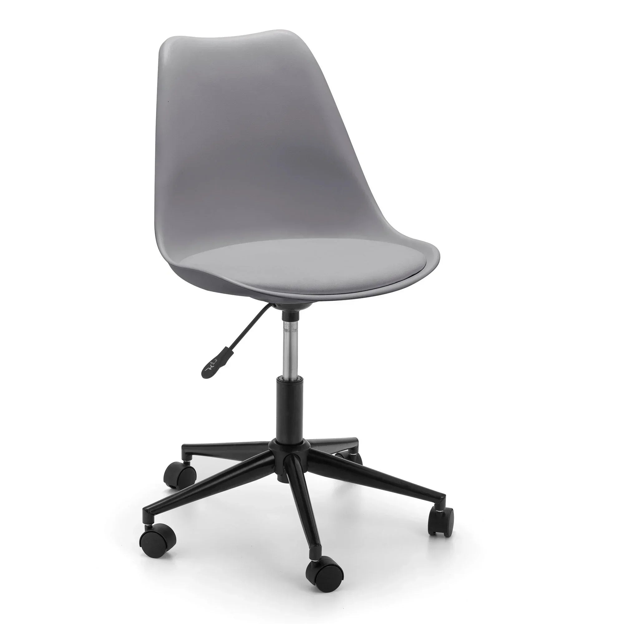 Grey ergonomic office chair with cushioned seat and black swivel base with wheels