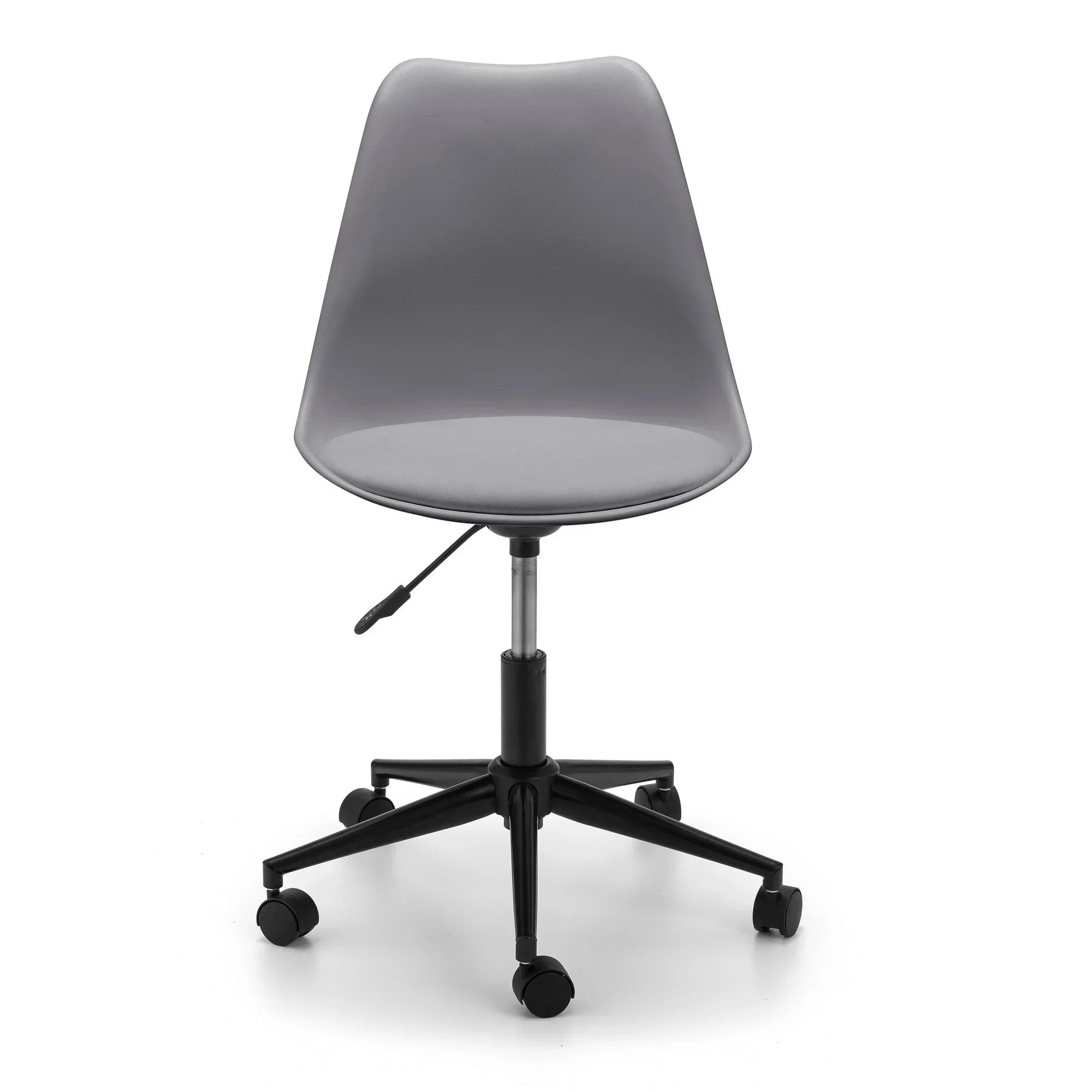 Grey office chair with plastic seat, adjustable height, and black wheeled base, front view