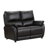 Black leather sofa with padded cushions and armrests on white background