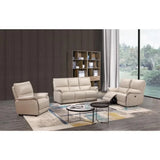 Beige leather recliner sofa set with matching chairs on patterned rug in modern living room