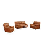 Brown leather recliner sofa set with two-seater, armchair and three-seater with footrest open