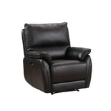 Black leather recliner armchair with padded seat and cushioned backrest on white background