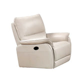 Cream leather recliner chair with padded backrest and manual recline lever side view