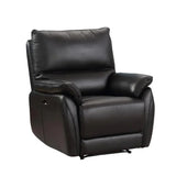 Black leather recliner armchair with padded seat and wide cushioned armrests