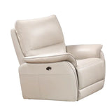 Cream leather recliner chair with padded armrests and side control button, angled view