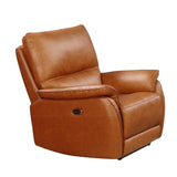 Tan leather recliner armchair with padded seat and backrest, angled view