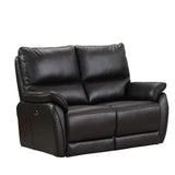 Black leather two seater recliner sofa with plush cushions and padded armrests