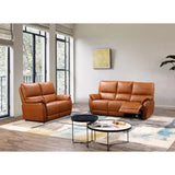 Tan leather recliner sofa set with two matching sofas in a modern living room with large windows