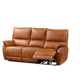 Tan leather recliner sofa with padded back and extended footrest on white background