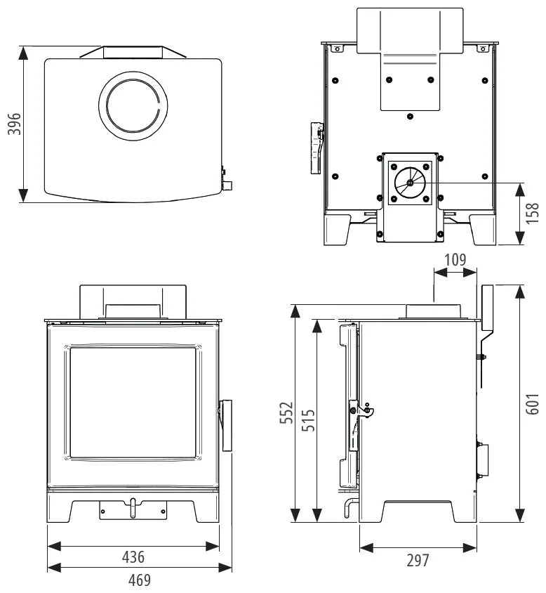 Echo wood burning stove with detailed dimensions and design features.