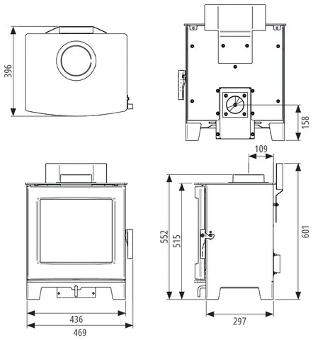 Echo wood burning stove with detailed dimensions and design features.