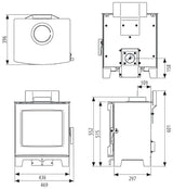 Echo wood burning stove with detailed dimensions and design features.