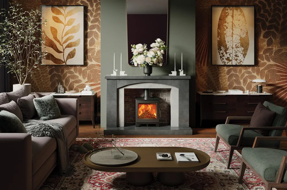 A stylish living room featuring an Echo wood burning stove, surrounded by elegant decor and furnishings.