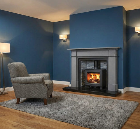 Side view of Mourne Eco 12 stove highlighting flue outlet and dimensions