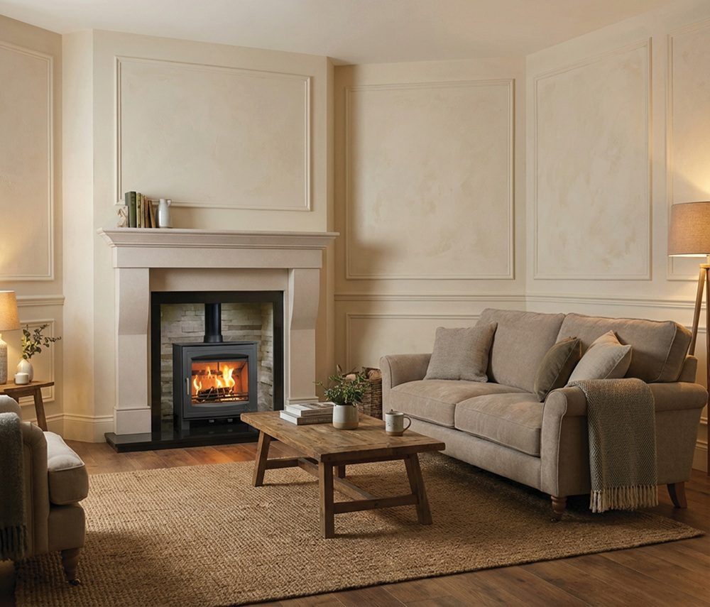 Side view of Mourne Eco 8 stove showing compact dimensions and design