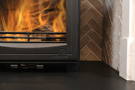 Close-up of Mourne Eco 8 stove airwash system keeping glass clear