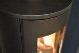 Mourne Eco 980 stove installed with wood burning and clear glass flame view