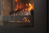 Side view of Mourne Eco 980 stove showing steel body and flue outlet