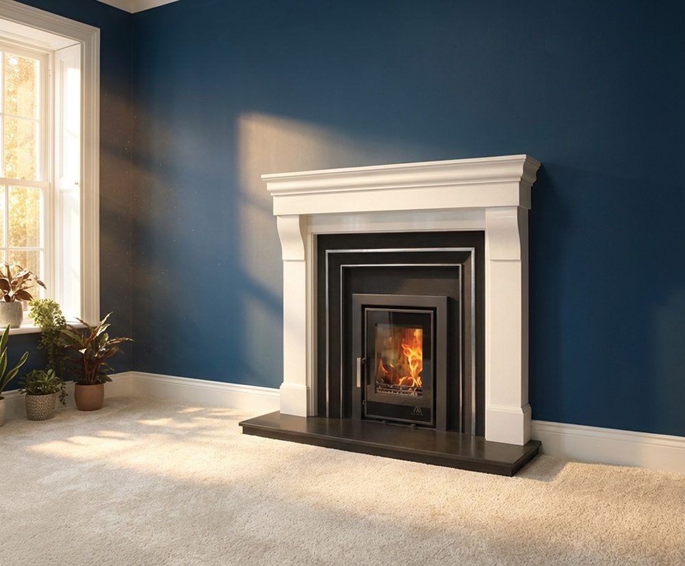 Close-up of clear glass flame view on Mourne Eco Inset 400 stove