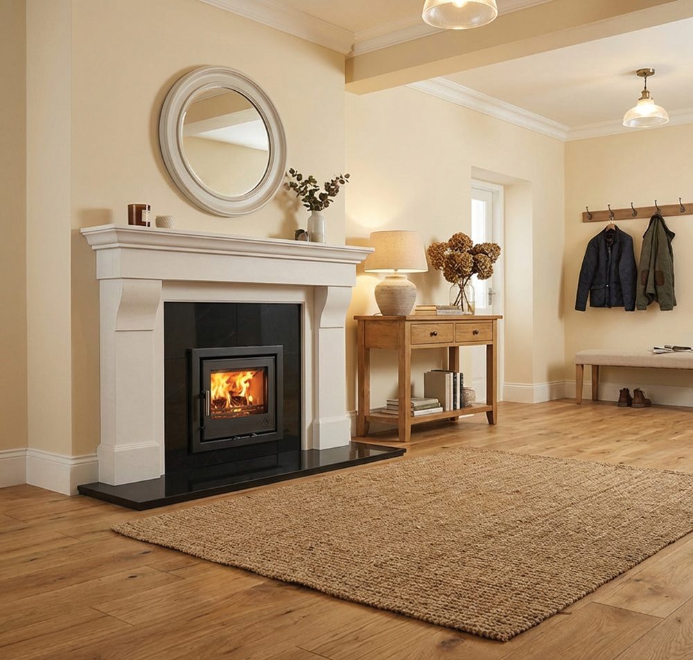 Side view of Mourne Eco Inset 550 multi-fuel stove in living room