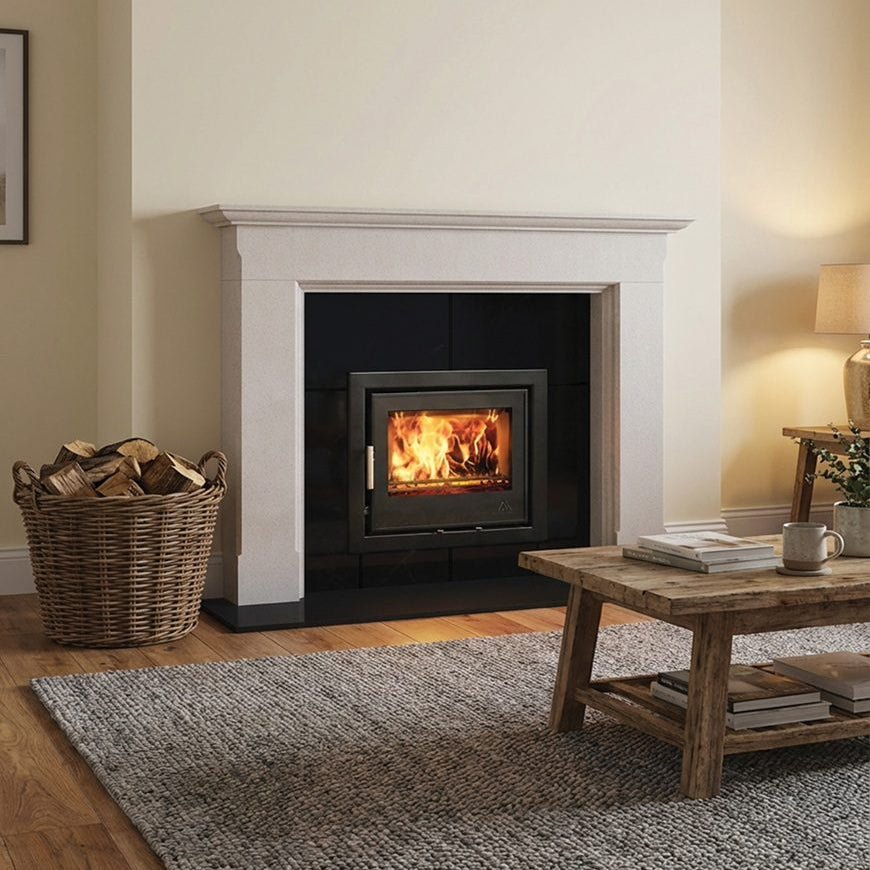 Mourne Eco Inset 550 stove showing clean flame through glass door