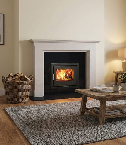 Mourne Eco Inset 550 stove showing clean flame through glass door