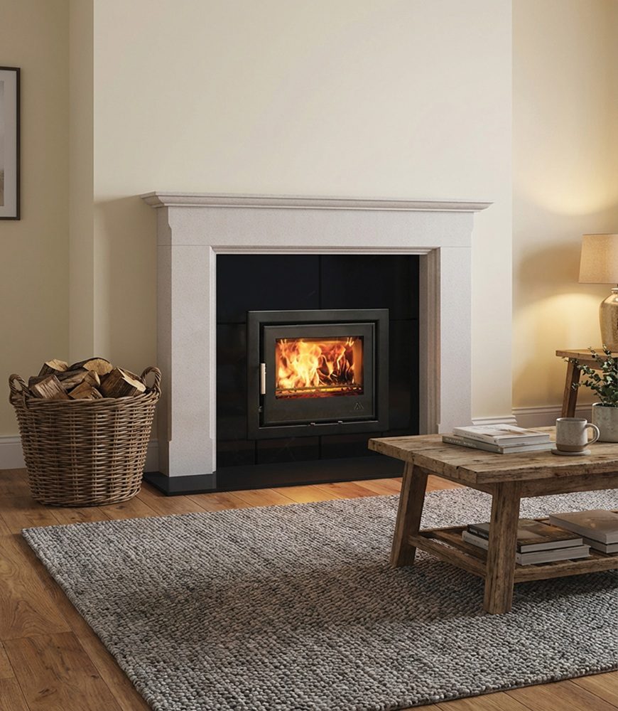 Mourne Eco Inset 550 stove showing clean flame through glass door