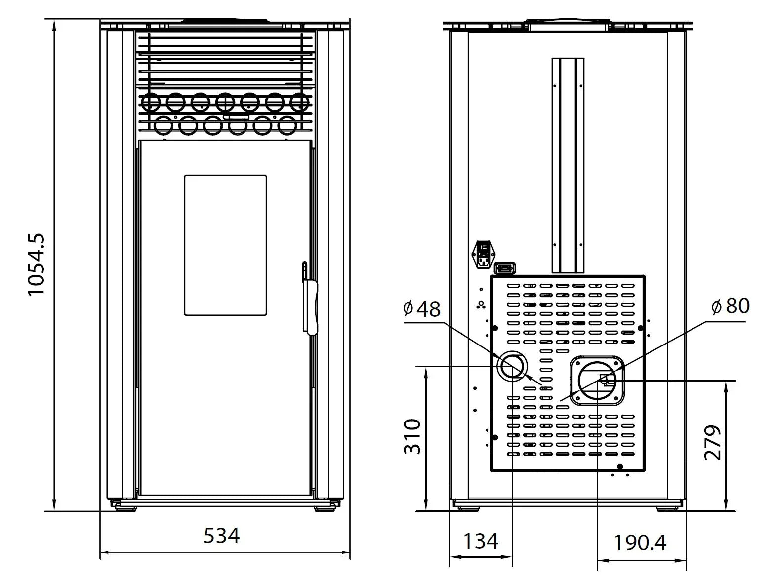 Stove technical drawing showing front and rear views with precise measurements in millimeters