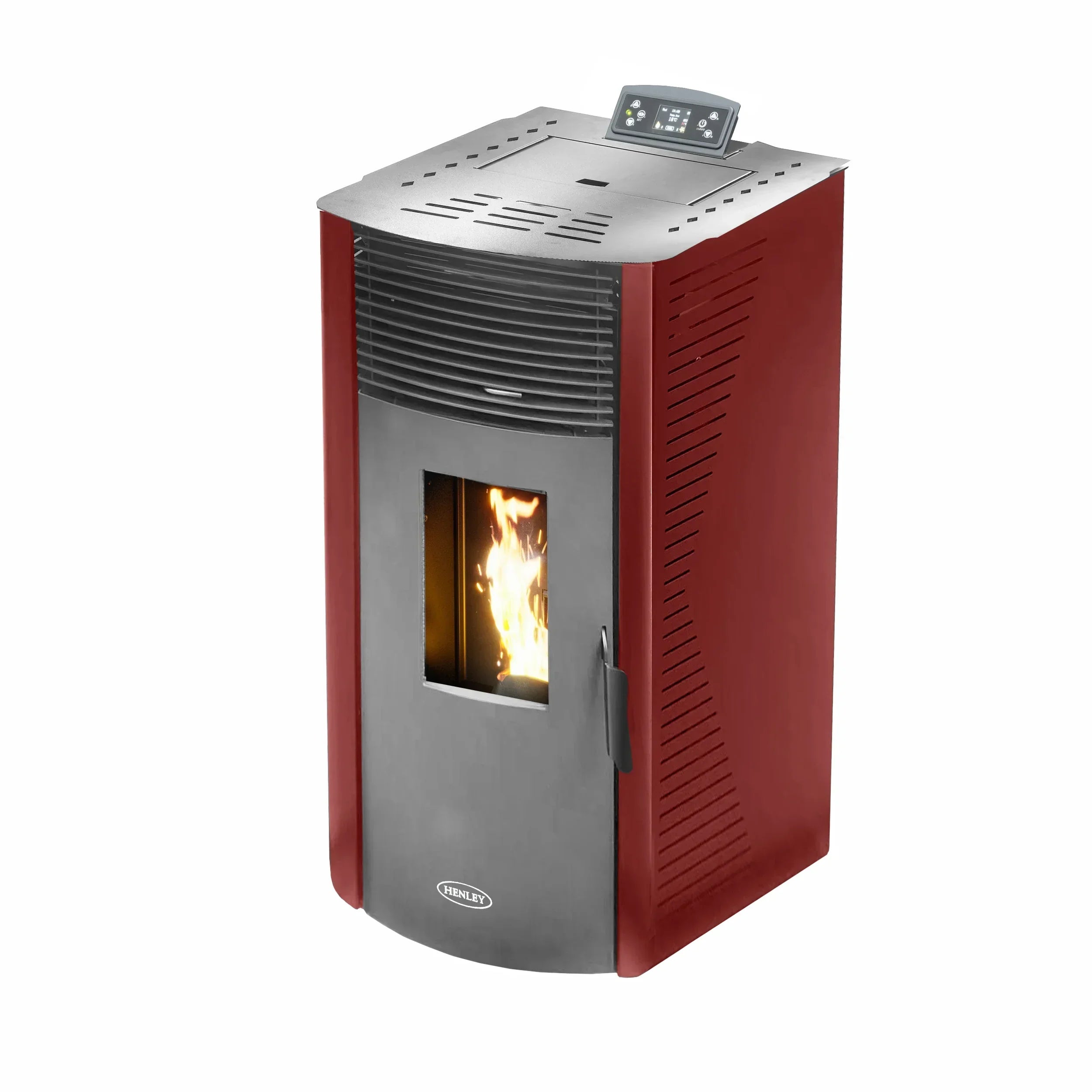 Red freestanding pellet stove with digital control panel and front glass showing fire flame