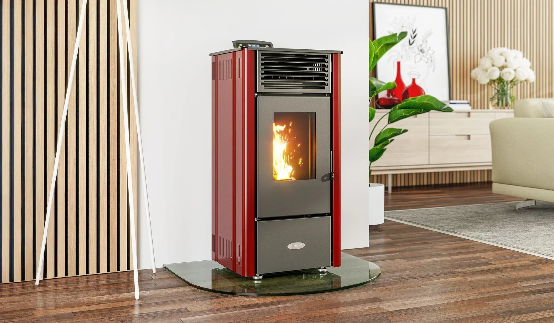 Red freestanding pellet stove with glass front heating modern living room