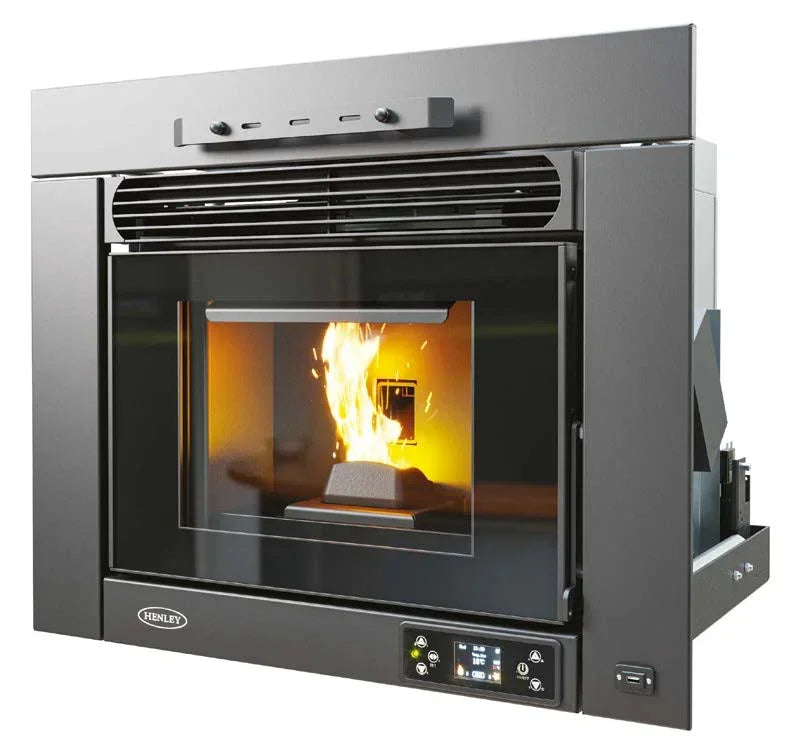 Black steel pellet stove insert with glass front showing active flame and digital control panel