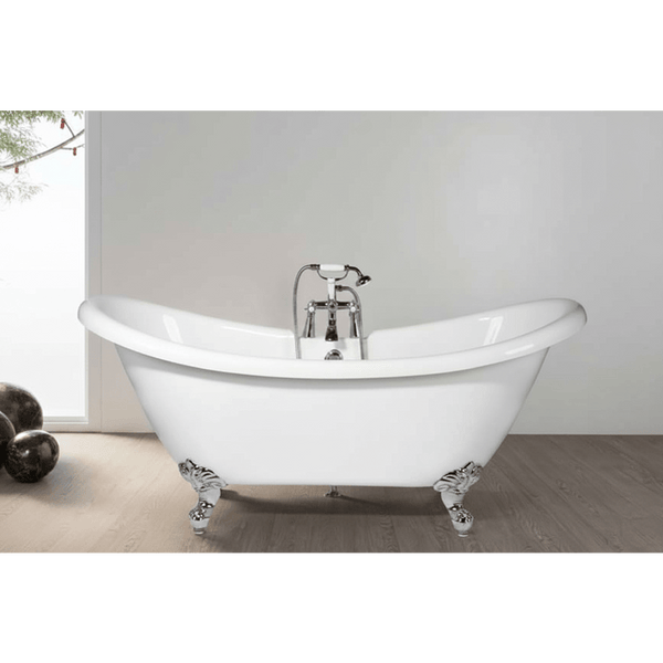 White freestanding bathtub with chrome faucet in a bathroom setting