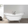 White freestanding bathtub with chrome faucet in a bathroom setting