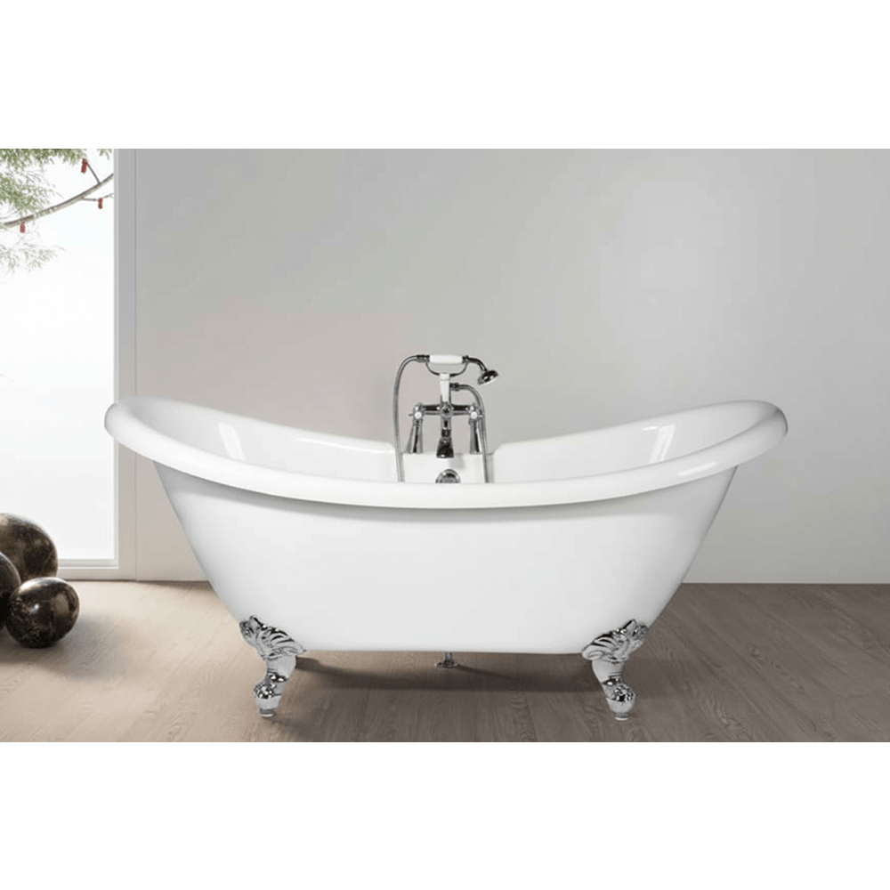 White freestanding bathtub with chrome faucet in a bathroom setting