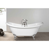 White freestanding bathtub with chrome faucet in a bathroom setting