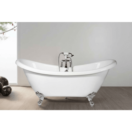 White freestanding bathtub with chrome faucet in a bathroom setting