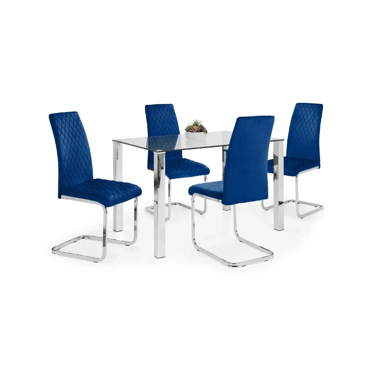 Glass dining table with chrome legs and four blue velvet dining chairs