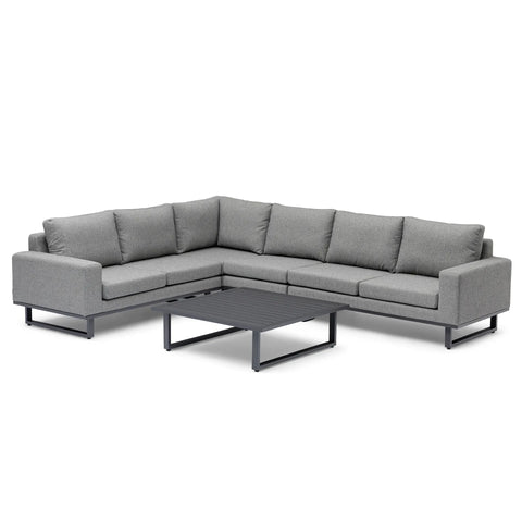 Grey corner group fabric sofa with metal legs and low rectangular coffee table