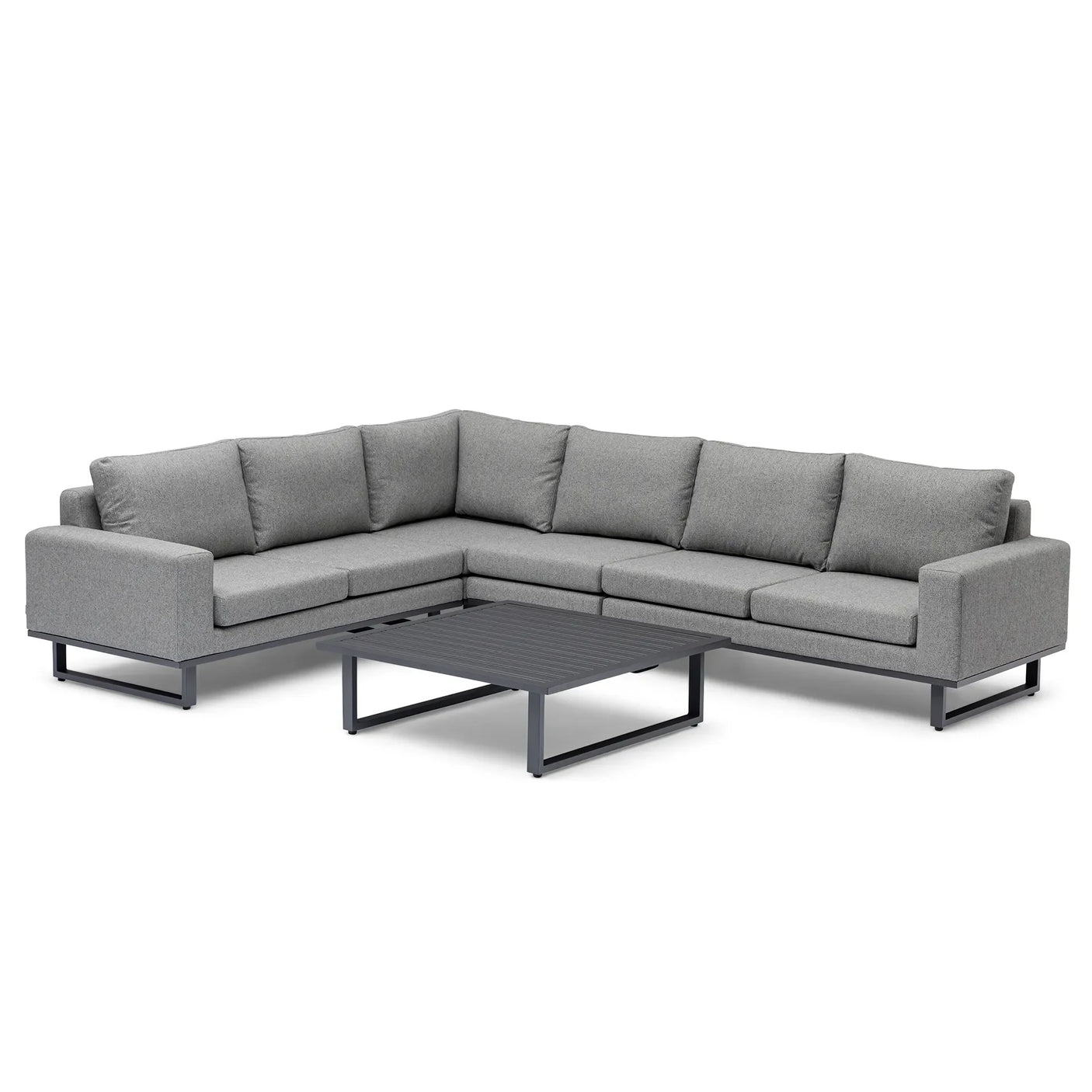 Grey corner group fabric sofa with metal legs and low rectangular coffee table