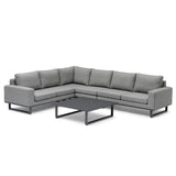 Grey corner group fabric sofa with metal legs and low rectangular coffee table
