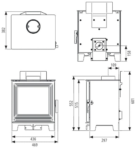 Eton wood burning stove with detailed dimensions and specifications.