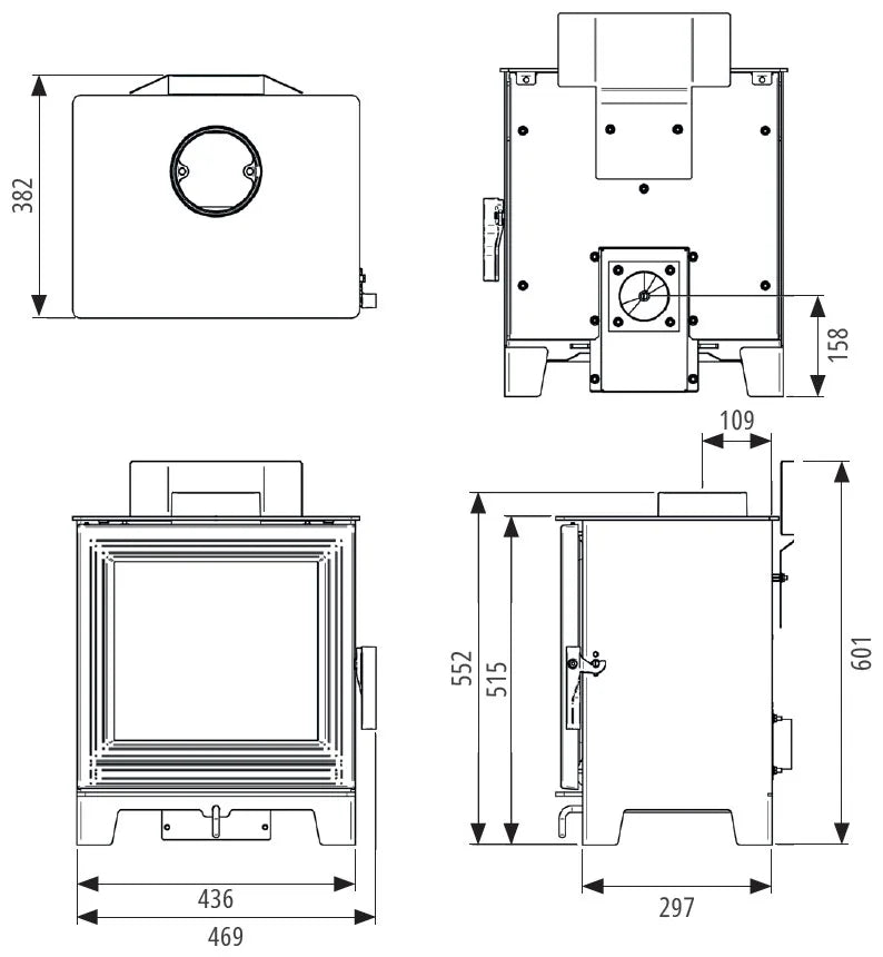 Eton wood burning stove with detailed dimensions and specifications.