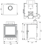 Eton wood burning stove with detailed dimensions and specifications.