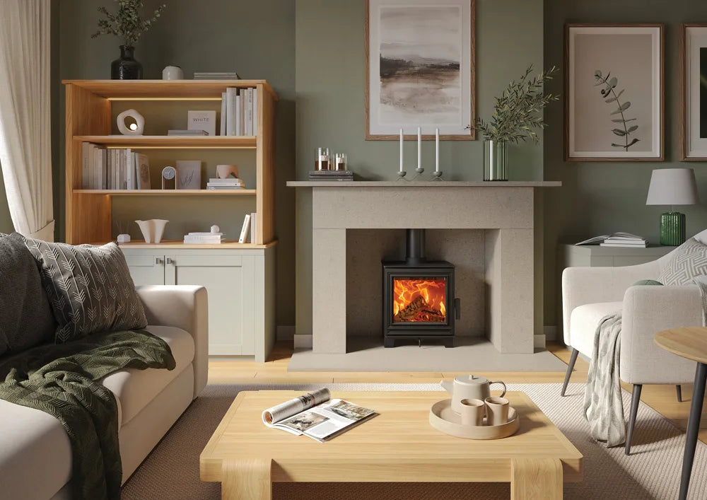 Eton wood burning stove in a stylish living room setting with a stone fireplace and modern decor.