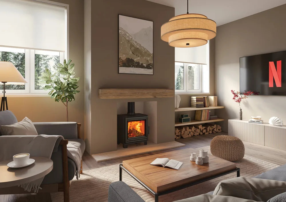 Wood burning stove in a modern living room setting with a warm glow, surrounded by stylish furniture and decor.
