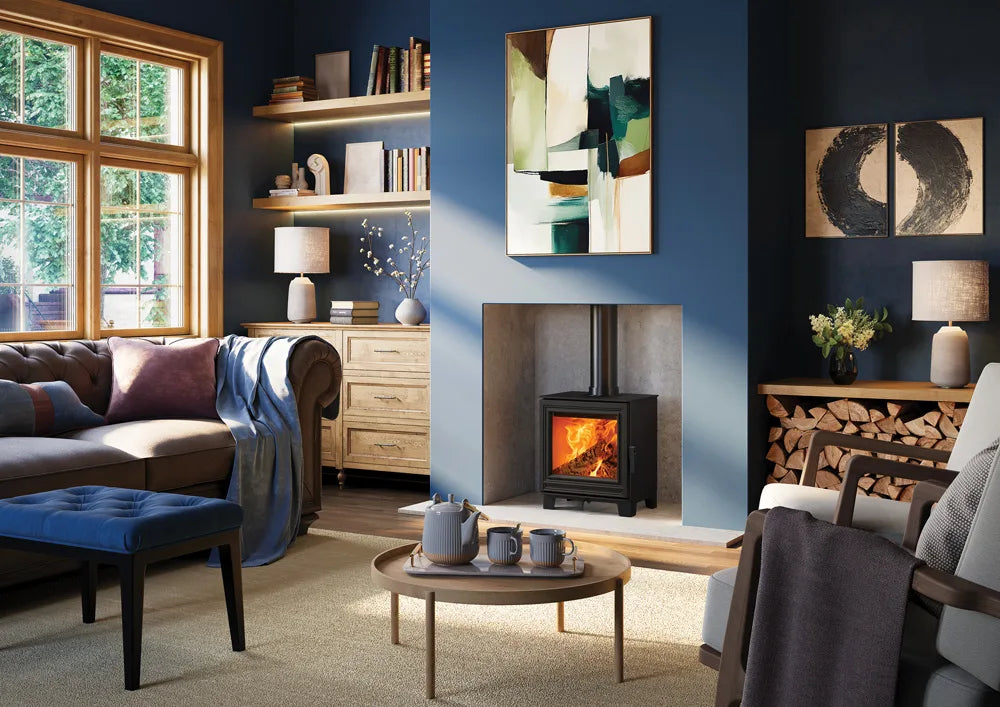 Eton wood burning stove in a stylish living room with modern decor and a warm fire.