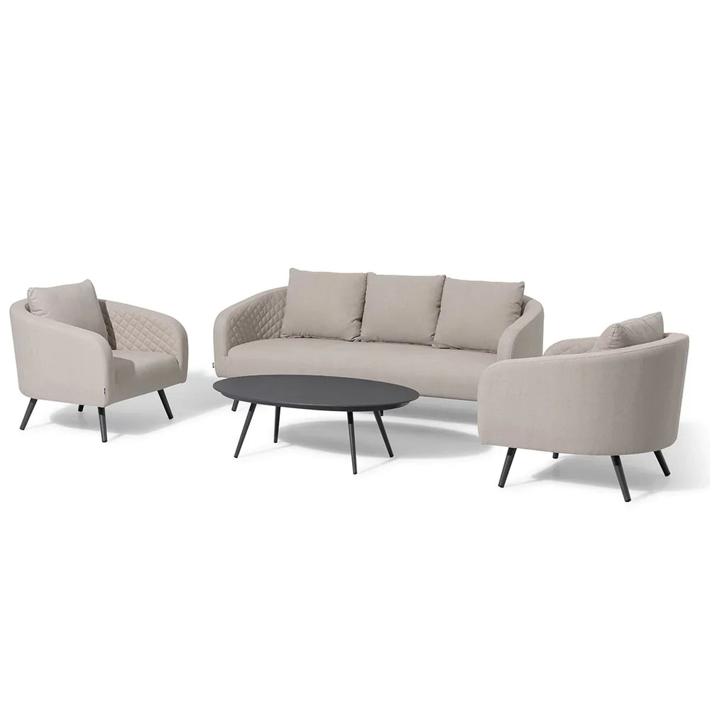 Beige fabric sofa set with two armchairs and black oval coffee table on white background