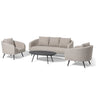 Beige fabric sofa set with two armchairs and black oval coffee table on white background
